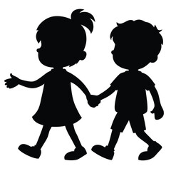 boy and girl holding hands, vector black color silhouette, isolated white background. 