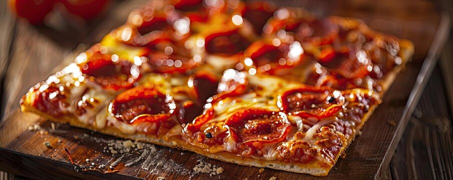 Close-up of a delicious pepperoni square pizza slice on a wooden board, showcasing gooey cheese and crispy edges, perfect for any meal.