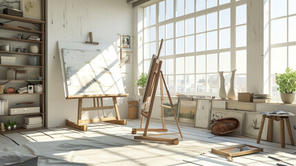Modern studio interior featuring an artist's workplace with a foldable wooden easel near a large sunlit window