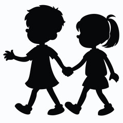 boy and girl holding hands, vector black color silhouette, isolated white background. 