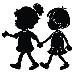 boy and girl holding hands, vector black color silhouette, isolated white background. 
