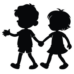 boy and girl holding hands, vector black color silhouette, isolated white background. 