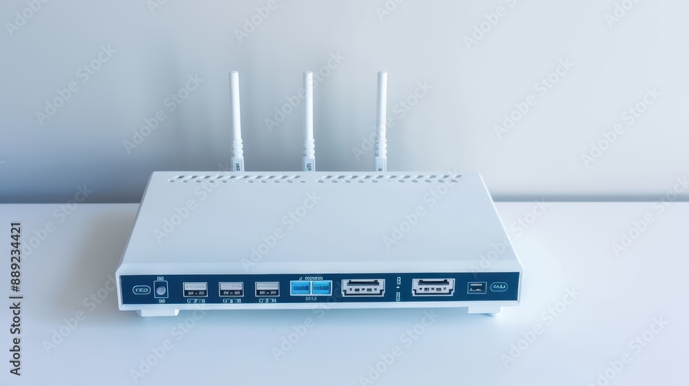 Poster modern, stylish white wi-fi router with three antennas is displayed on a pristine white desk, ready 