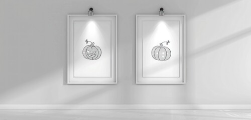 Two frames with Halloween ornament line art, positioned on a solid white wall, illuminated by strategic spotlights. The high-definition quality is impeccable.
