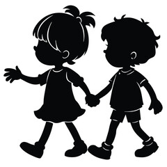 boy and girl holding hands, vector black color silhouette, isolated white background. 