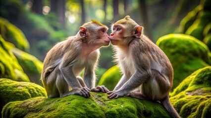 Adorable monkeys share tender kiss on mossy rocks, surrounded by lush greenery, amidst serene natural ambiance, capturing love and affection in the animal kingdom.