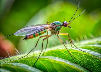 Fototapeta premium Delicate fungus gnat perches on a leaf's edge, its long slender body and transparent wings a striking contrast to the lush green plant surroundings.