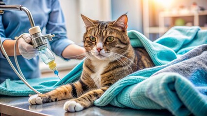 A gentle feline patient receives oxygen therapy and intravenous fluids in a veterinary clinic, surrounded by medical equipment and a warm blanket.