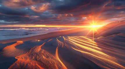Sunset at a beach with rolling sand dunes