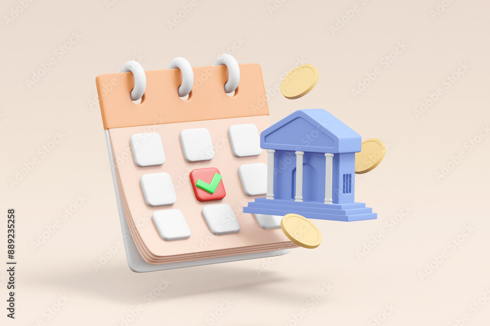 Poster a 3d render featuring a floating calendar with a check mark, a bank building, and coins.