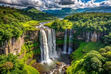 Naklejka premium Majestic tabletop mountains, majestic waterfalls, and lush green forests harmonize in symphony, showcasing the untouched beauty of Gran Sabana's unique and diverse natural landscape.