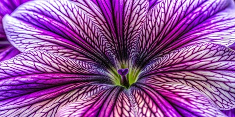 Obraz premium Vibrant purple petunia blooms magnified to reveal intricate patterns, delicate veins, and subtle color variations on velvety soft petals in sharp macro detail.