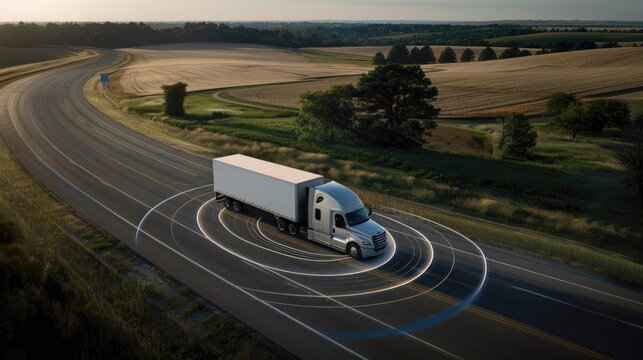 A white semi-truck drives autonomously on a highway that cuts through a rural area. The truck is surrounded by a blue digital halo indicating its use of sensors and automation