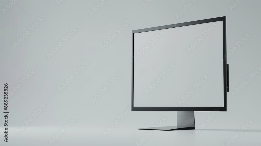 Poster sleek computer monitor with a slim bezel is presenting a clean white screen, ideal for featuring you