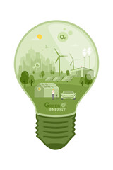 Green city and Net zero emission concept, Renewable energy sources, Caring for the environment and using clean green energy, Electric vehicle Technology, Wind power, Photovoltaics system industrial.