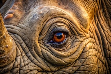 Fototapeta premium Intense gaze of a rhino's eye, showcasing a dark brown pupil surrounded by a thick eyelid and coarse eyelashes in a rugged, natural setting.