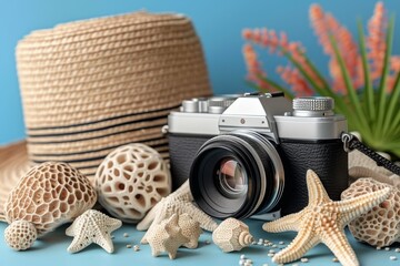 Summer beach accessories hat and seashells vibrant scene detailed and artistic inviting setting cheerful atmosphere tropical vibes