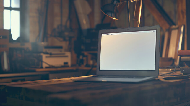 Open Laptop on Wooden Desk in Workshop Setting
