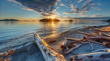 The sun setting behind a distant island