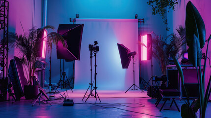 Professional studio setup with neon lights background and high-end camera equipment ready for a photoshoot