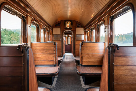  interior de un tren clasico hecho principalmente de madera, con paneles de madera en las paredes y el techo.