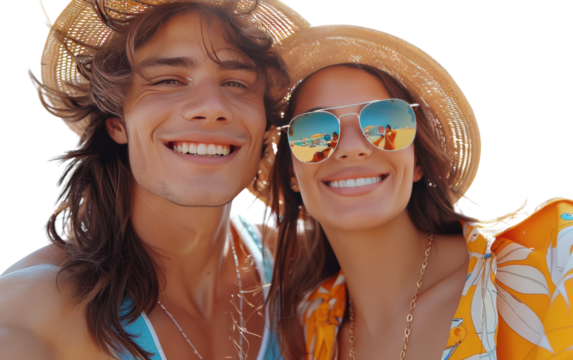 Happy Couple Wearing Straw Hats and Sunglasses Take a Selfie at the Beach