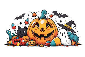 cartoon style illustration of carved pumpkins, black cat, spooky ghost and bats in halloween decorations on transparent background