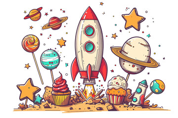Sweet Launch: A whimsical rocket blasts off amidst a sugary galaxy of planets and lollipops, capturing the magic and wonder of childhood dreams.