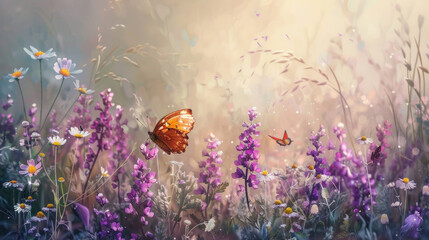 Fototapeta premium Purple wild peas and chamomile with a butterfly in a dreamy, hazy morning setting