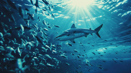 Shark and tiny fishes swimming together in the vast ocean expanse
