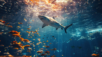 Fototapeta premium Shark and tiny fishes swimming together in the vast ocean expanse