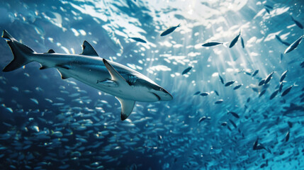 Obraz premium Shark and tiny fishes swimming together in the vast ocean expanse