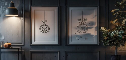 Two frames with Halloween ornament line art, positioned on a dark grey wall, with strategic spotlighting. 
