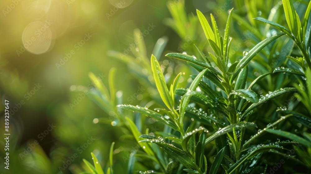 Canvas Prints Close-up of vibrant green rosemary leaves covered in morning dew. Captivating image of fresh herb with blurred background. Ideal for nature-themed designs, blogs, and culinary content. AI