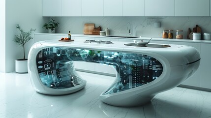 Futuristic kitchen with smart appliances, AI cooking assistants, and automated meal preparation.