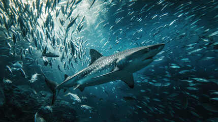 Shark navigating through a dense school of small fishes in the deep blue sea