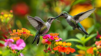 A vibrant garden scene featuring a variety of colorful flowers and two hummingbirds in mid-flight.