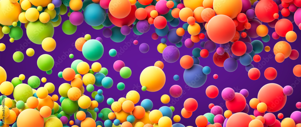 Poster colorful rainbow gradient matte soft balls in different sizes. many abstract bright multicolored fly