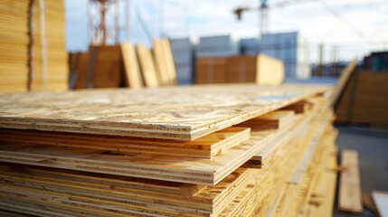 Obraz premium Stacked Plywood Sheets at Construction Site