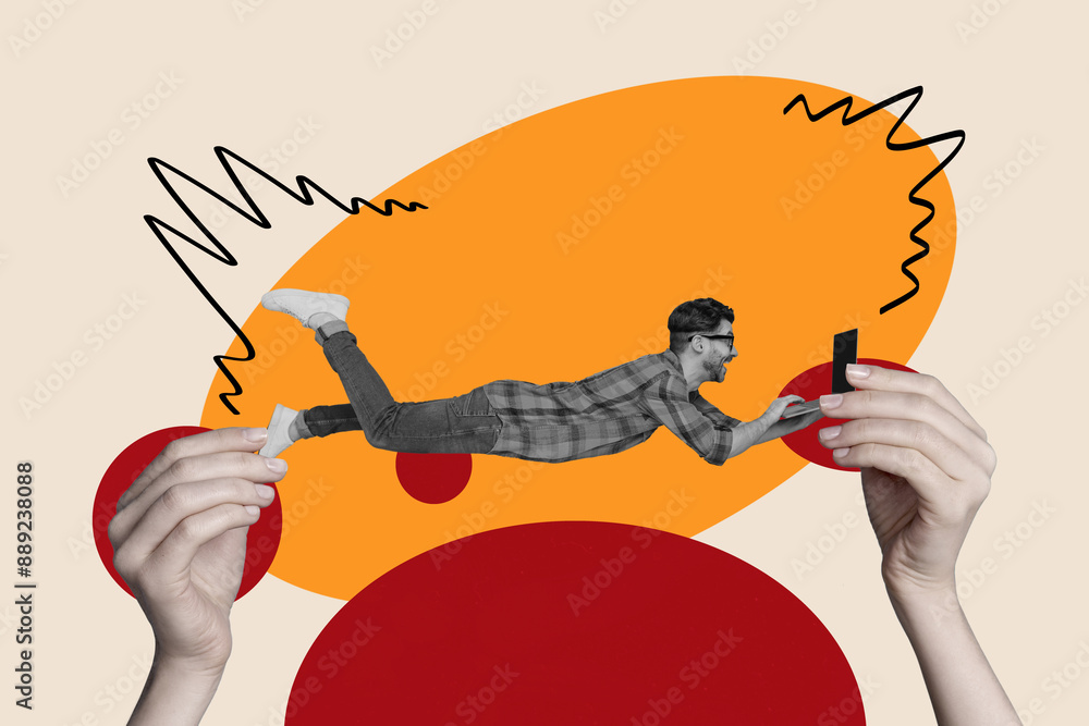 Poster Collage 3d image of pinup pop retro sketch of hands hold young man programmer worker netbook unusual fantasy billboard comics