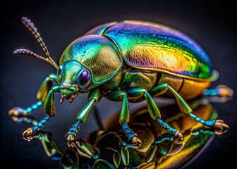 Naklejka premium Vibrant iridescent beetle stands out against a dramatic black backdrop, its shimmering wings and body displaying an array of bright blues, greens, and golds.