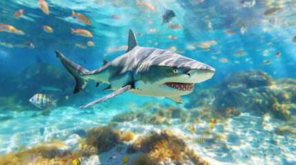 Fototapeta premium Shark swimming with a school of small fishes in the clear ocean waters