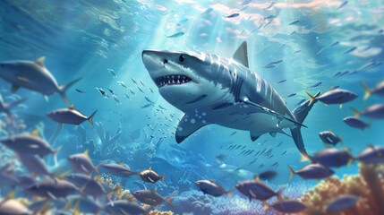 Fototapeta premium Shark swimming with a school of small fishes in the clear ocean waters