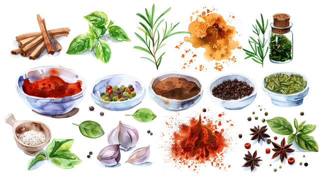 A watercolor clipart of various spices and herbs, including rosemary leaves, cumin seeds, cinnamon sticks, red chili peppers, basil leafs, on white background, Generative AI