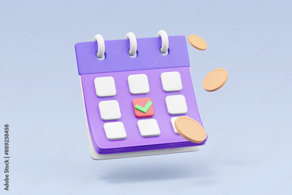 Poster 3d render featuring a floating calendar with a prominent check mark, symbolizing a scheduled date fo