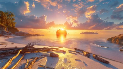 The sun setting behind a distant island