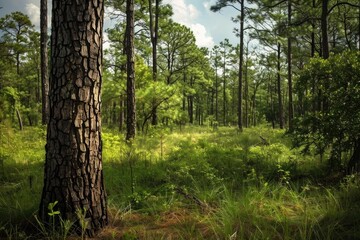 Obraz premium National Forest Landscape with Pine Trees in Green Wooded Area