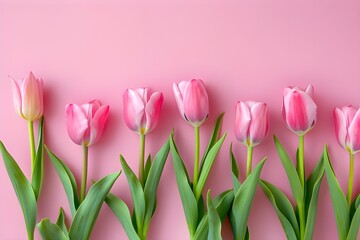 Naklejka premium Photo of Pink tulips on pink background, flat lay top view. Web banner with copyspace on the right.