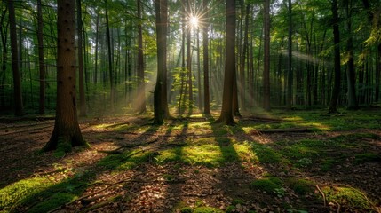 Obraz premium A serene forest scene with sunlight creating dappled patterns on the forest floor.