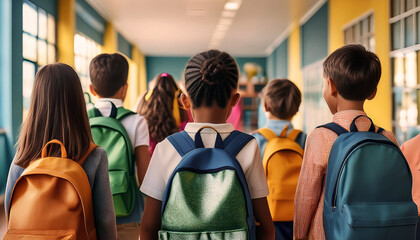 CRIAN&Ccedil;AS, EM FILA CARREGANDO MOCHILAS, NOS CORREDORES DA ESCOLA PRIMARIA NO VOLTA &Agrave;S AULAS 